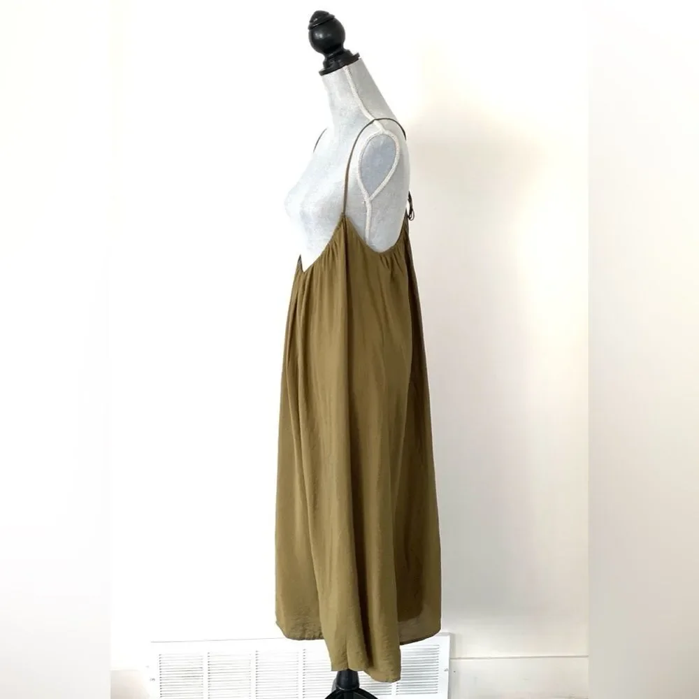 Akemi + Kin x Anthropologie Olive Green Maxi Wide-Leg Romper L Boho Chic Cottage